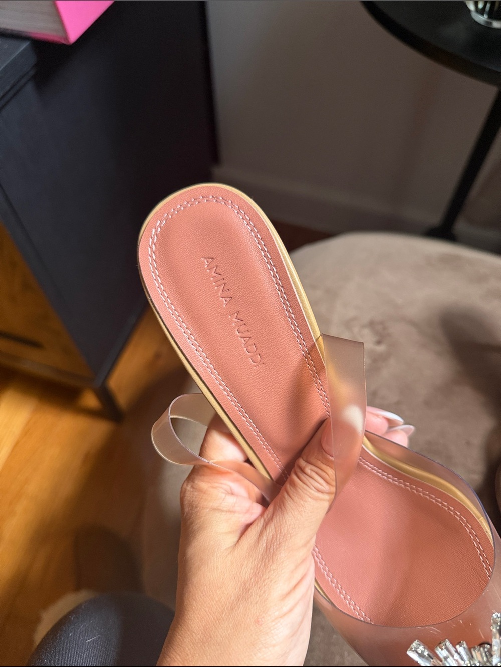 Amina Muaddi Pink Nude Crystal Sunburst Slingback Pumps - Picture 2 of 7